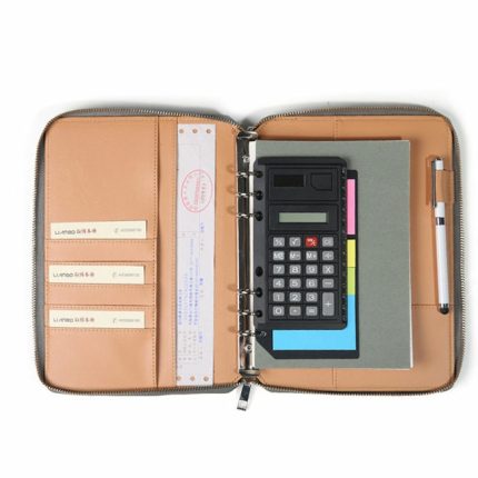 high quality A5 leather cover Portfolio organizer ring binder NOTEBOOK with zipper